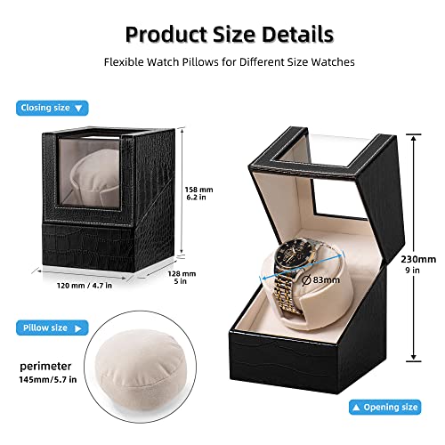 Yoohong Automatic Single Watch Winder With Super Quiet Japanese Motor, In Premium Black Crocodile Pattern Leather Exterior And Soft Flexible Watch Pillows Of Camel Velvet #TOP1