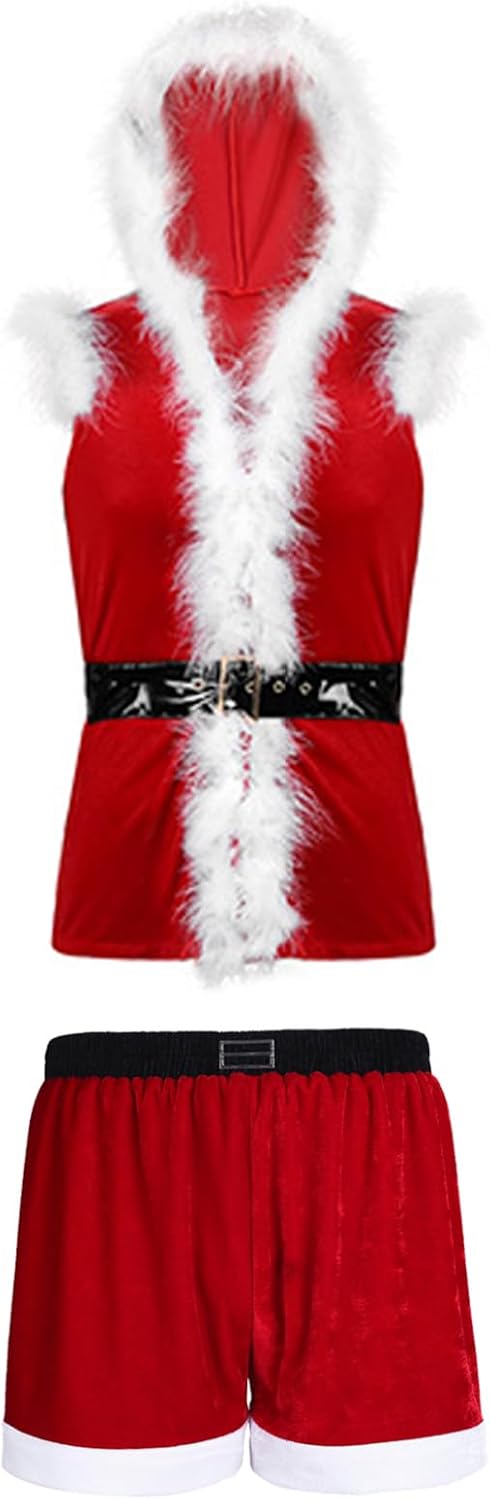 Men's Santa Outfit Sexy Christmas Costume Set Sleeveless Velvet Hooded Coat with Shorts