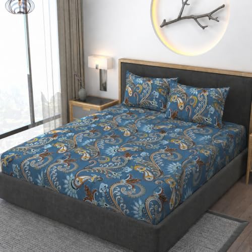 Image of Vaini Premium Heavy Cotton Elastic Fitted Bedsheets with 2 King Size Pillow Covers || Double Bed with All Around Elastic 350 (Blue Jaipuri, 72x72 Inch King Fitted)