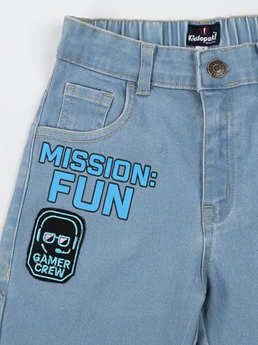 Image of KiddoPanti Boys Knee-Length Denim Shorts | Stretchable Cotton Poly Denim | Comfortable Fit with Button Elasticated Waistband & Zip Fly