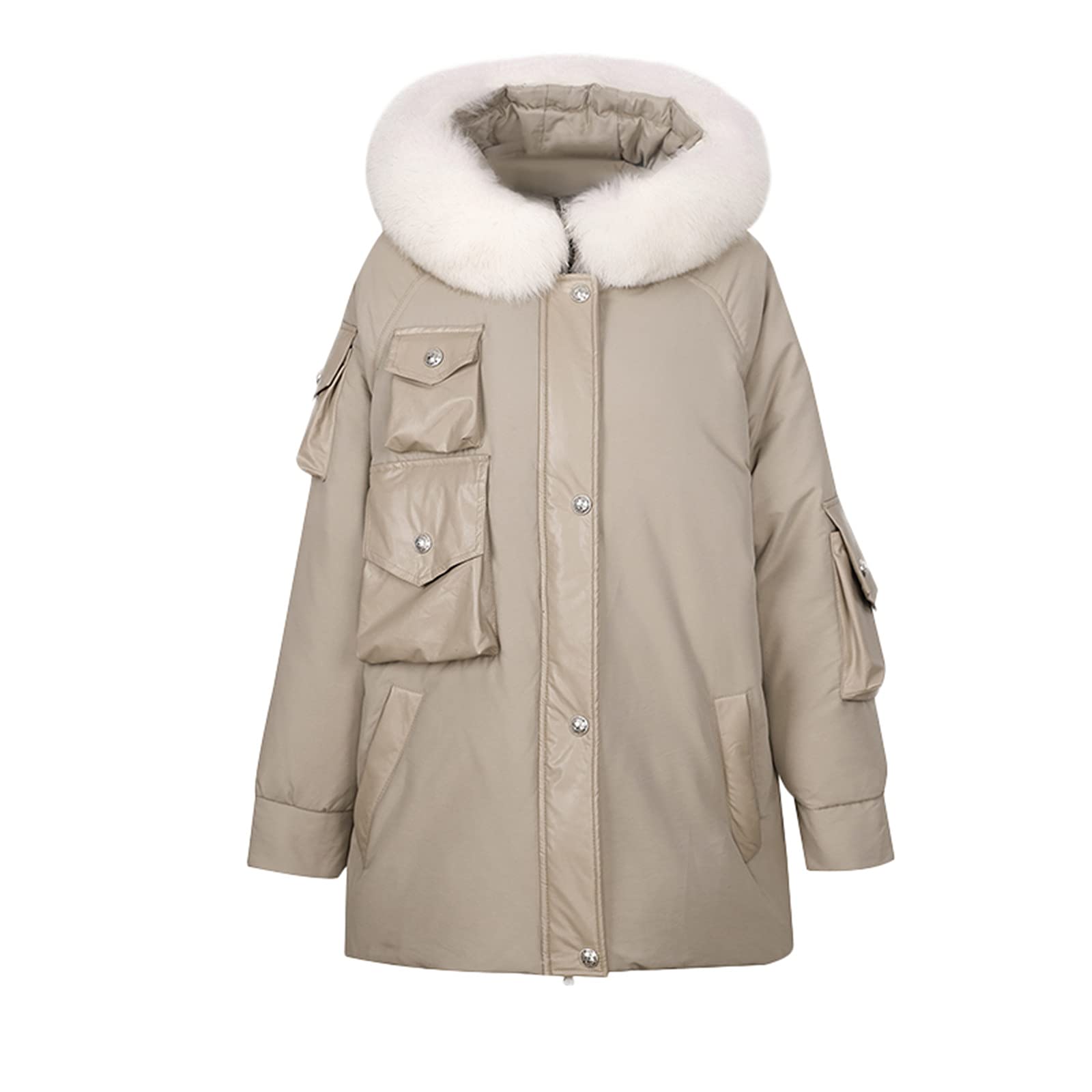 Chaqueta de invierno para mujer con capucha de piel sintética, abrigo de invierno cálido, cortavientos, chaqueta con capucha, chaqueta acolchada para exteriores, chaqueta funcional holgada, talla