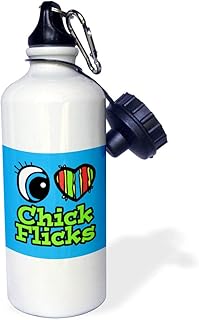 3dRose Bright Eye Heart I Love Chick Flicks Sports Water Bottle, 21 oz, White