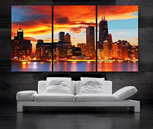 BoxColorsLarge 30"x 60" 3 Panels 30"x20" Ea Art Canvas Print Beautiful Chicago Skyline Sunset Light Wall Home (Included Framed 1.5" Depth)