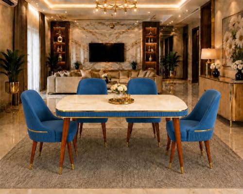 Image of WOODEN SPACE 4 Seater Wooden Dining Table Set | Urban Marble Top Dining Table with Chairs for Dining Room & Kitchen (Modern Grand Aura Blue) (54 x 36 x 30 inch)