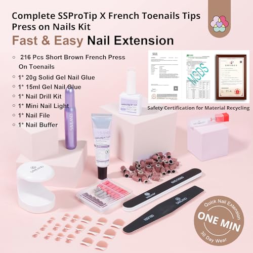 SAVILAND Gel Toe Nail Kit: 18 Sizes Nude Press-On Toenails for Women with Drill, 216 Nude Toe Nail Press Ons, U V Lamp and Nail Glue Gels, Gel Nail X Kit Tools for Manicure Gift