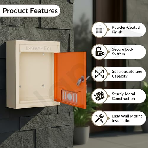 Image of Plantex Letter Box /GI Steel Complaint Box /Suggestion Box /Donation Box with Key Lock /Letter Box for Home /Office /Hotel Gate /Post Box (Orange & Ivory) - Wall Mount A4 Size