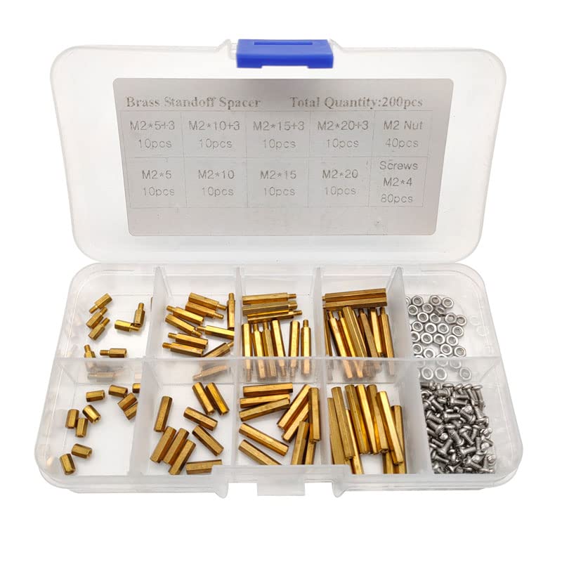 200Pcs M2 Male-Female Brass Spacer Standoff & Stainless Steel Screw Nut Assortment Kit for Motherboard Chassis Screws 5/10/15/20 - (Color: Gold)