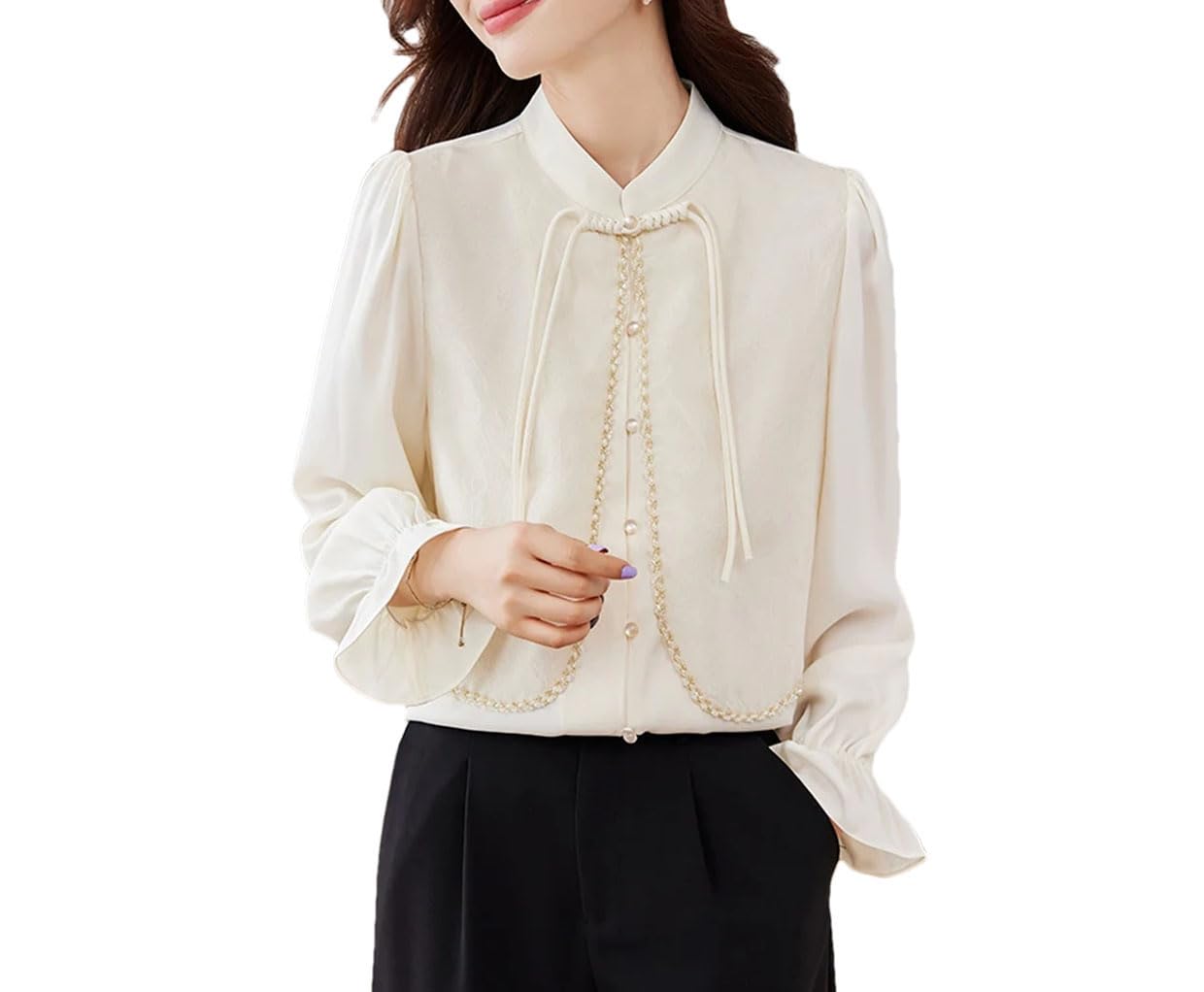 Camicetta da donna a maniche lunghe con colletto rialzato, in chiffon, con bottoni
