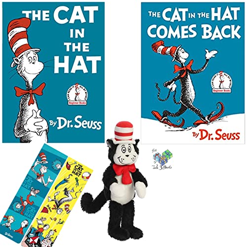Image of Dr. Seuss Hardcovers Cat in The Hat, Comes Back, Dr Seuss Plush Toy Book Character Stuffed Animal, and Bookmarks (Educational Gift Set of Energetic Rhymes to Spark The Love of Reading)