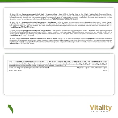 Taurin Kapseln 1000 mg. 4 Monate 1 Kapsel Pro Tag. Taurin Kapseln Hochdosiert. Pre Workout Ohne Koffein, Aminosäuren, Frei von Laktose, Gluten und Hefe, Vegan. Vitality Nutritionals by VitaminExpress