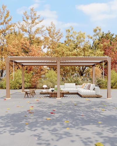 Image of GarveeLife Louvered Pergola 10 ft x 20 ft, Outdoor Pergola with Adjustable Louvered Roof, Reinforced Aluminum Frame, Integrated Drainage System, Hardtop Gazebo for Patio, Deck, Wood Grain