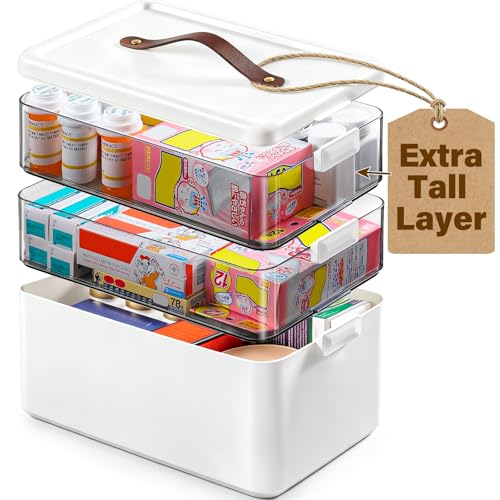 Homaigie Extra Tall 3-Tier Medicine Cabinet Organizer for Upright Medicine Bottles Organizer Portable Medicine Storage Box with Leather Handle Empty First Aid Kit Container for Home Travel