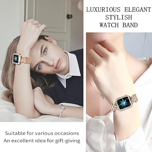 Magnetic Band Compatible with Apple Watch 38mm 40mm 41mm 42mm 44mm 45mm 46mm Stainless Steel Metal Strap with Bling Case and Built-in Screen Protector, Dressy Milanese Loop iWatch Bands for Women