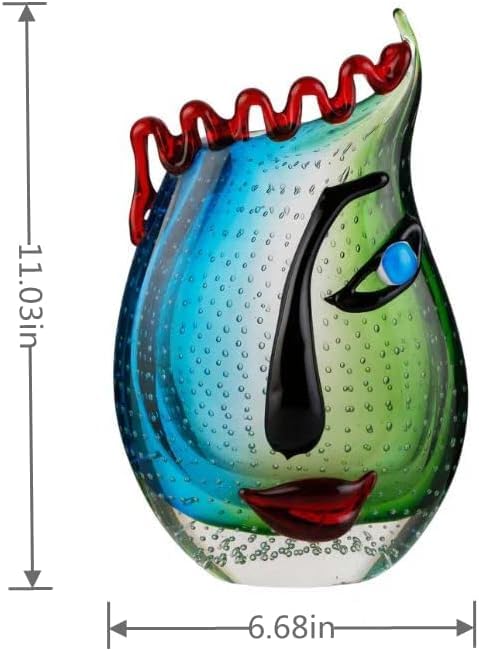 Yao Yuan Hand Blown Art Glass Vase with face Art,Murano Glass Style,Multi-Colored