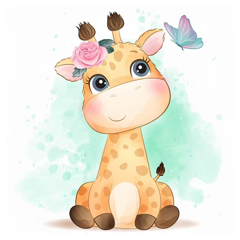 (30 x 30 5D Redondo Diamond Painting Kit Completo，Bordado Punto de Cruz Pintura Diamante Animale Anime para Niños Adultos Decoración Dormitorio Oficina - Bebé Jirafa con Rosas