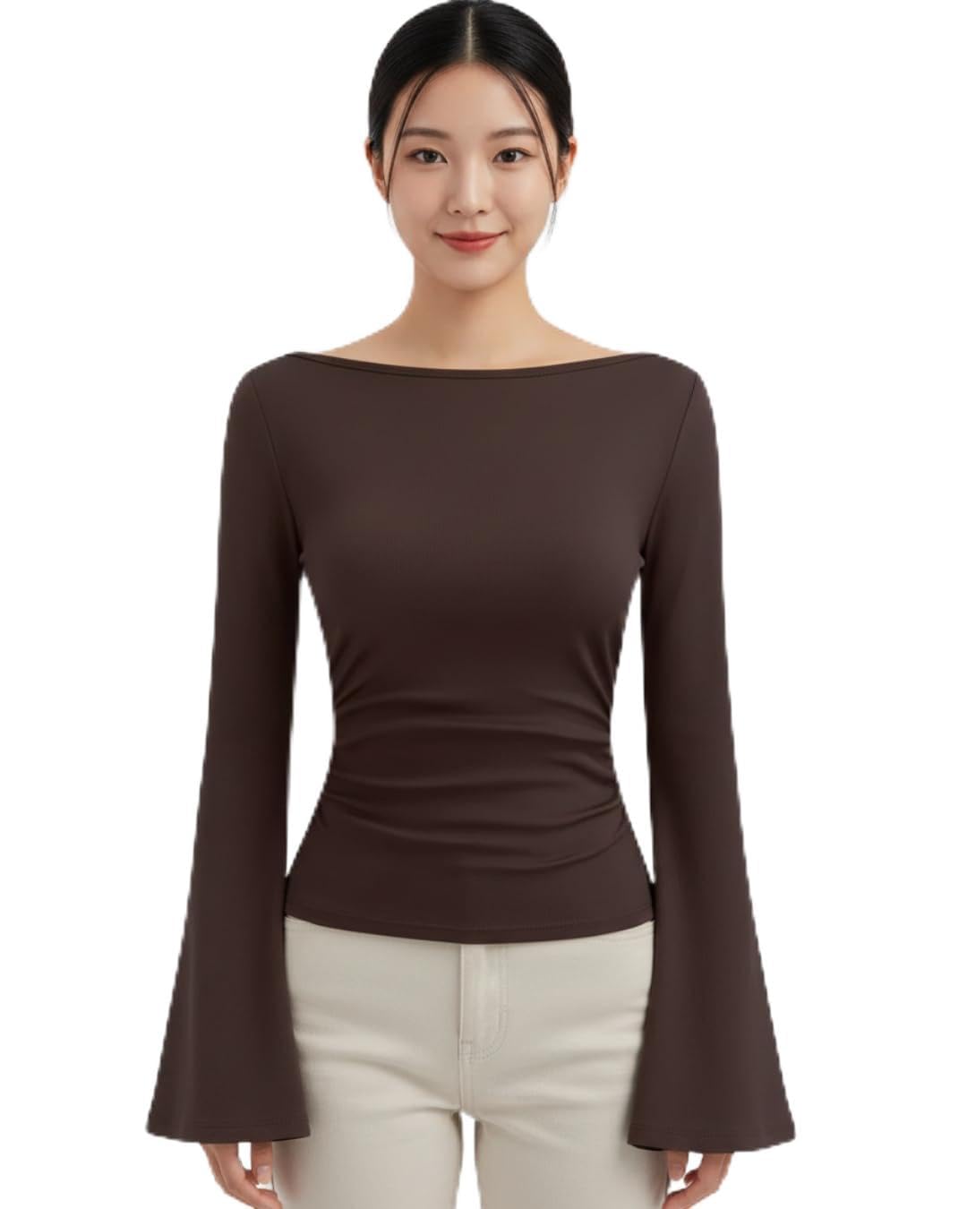 Women’s Elegant Brown Boat Neck Long Sleeve Top-picture-29