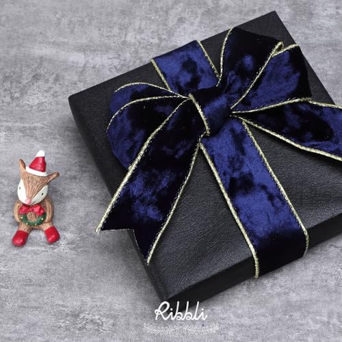 Image of Ribbli Navy Velvet Wired Ribbon 1.5 Inch Metallic Navy Blue Gold Crushed Velvet Christmas Ribbon for Gift Wrapping Christmas Tree Decoration Crafts Wreaths Supplies-Continuous 10 Yards