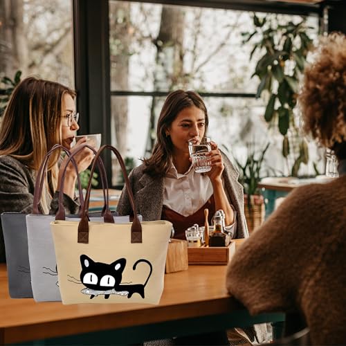 MINGZE Frauen Schulter Beutel, Segeltuch Tasche Maedchen Niedliche Katze fressen Fische Einkaufstaschen Handtaschen Strand Taschen Handtaschen (Schwarz grau)