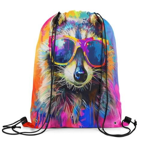 Cute Raccoon Drawstring Backpack,Colorful Pigment Tie Dye Animals Waterproof Sports Gym Bag,Watercolor Cartoon Raccoon Modern Art Large Capacity for Travelling,Swimming,Beach3