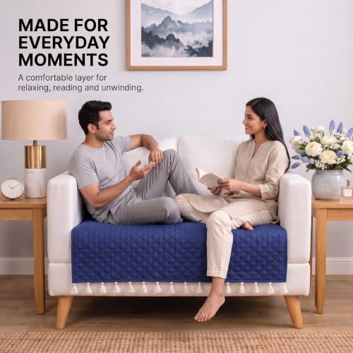 Image of BSB HOME 300 TC Premium Sofa Cover, Quilted Sofa Seat Cover with Decorative Tassels, Soft Comfortable Couch Protector, Stylish Furniture Cover for Living Room, 60 x 48 Inches (152 x 122cm) - Teal Blue