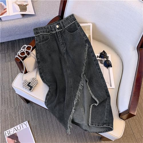 Women's Casual High Waist Denims Skirt Split Raws Trim Jean Skirts Irregular A Line Skirt4