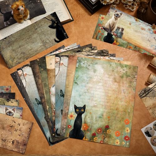 Image of TaoBary 160 Pcs Kitten Stationery Paper and Envelopes Set 50 Double Sided Lined Stationery Paper with 50 Matching Envelopes and 60 Round Dot Sticker 8.5 x 11'' Letter Writing Kit for Home, 10design