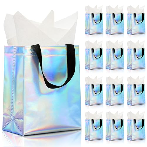 KeerxunBag 12pcs Reusable Gift Bags（Includes Tissue Paper） Gift bag with handle Birthdays Parties Holidays Weddings Medium 10x4x8in blue Gift Bags