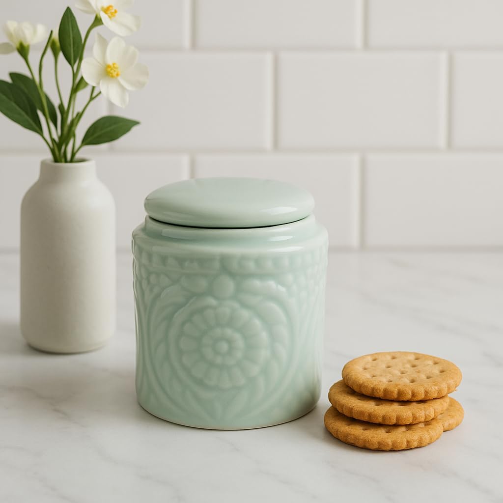 Ceramic Storage Jar with Embossed Pattern |Kitchen Organizer And Food Storage Container Jars| Barni Jar With Multi-utility, Leakproof, Airtight Storage Jar for Snacks, Tea, Sugar (Mint Green)