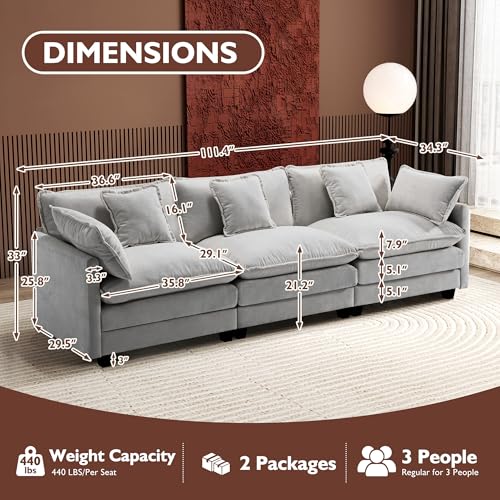Image of Ihanherry 111.4 Inch 3-Seater Cloud Sofa, Modular Sectional Couch, Modern Deep Seat Sofa for Living Room, Comfy Double Layer Upholstered Seat Cushion, Breathable Chenille Fabric, Grey