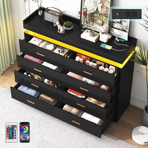 Image of jiteentarou 8 Drawer Dresser with Charging Station and LED Lights, Modern Chest of Drawers with Power Outlet, Organizer Cabinet for Bedroom, Living Room, Black
