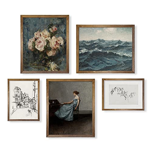 Rustic Modern Farmhouse Wall Art Decor - French Country Kitchen Print Poster - Boho Victoria Landscape Pictures Bathroom - Aesthetic Vintage Cottagecore - Muted Blue Ocean Sea Flower Portrait Drawing #TOP5