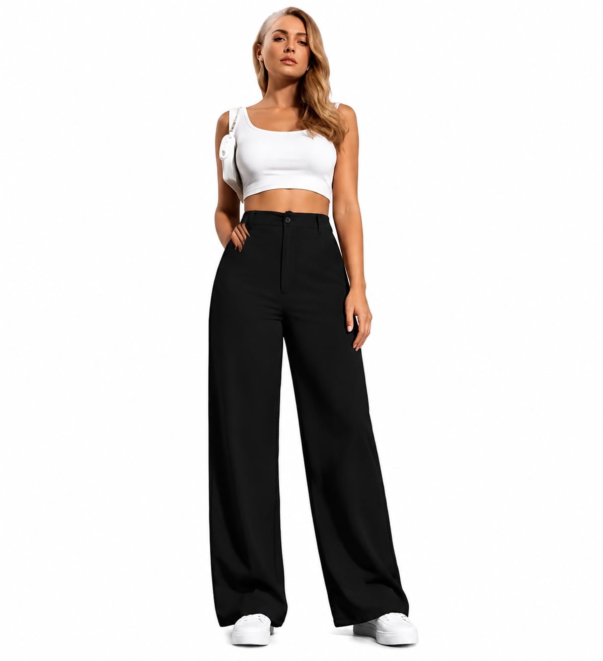 Women's High Waist Wide Leg Trousers with Pockets,Black-image-36