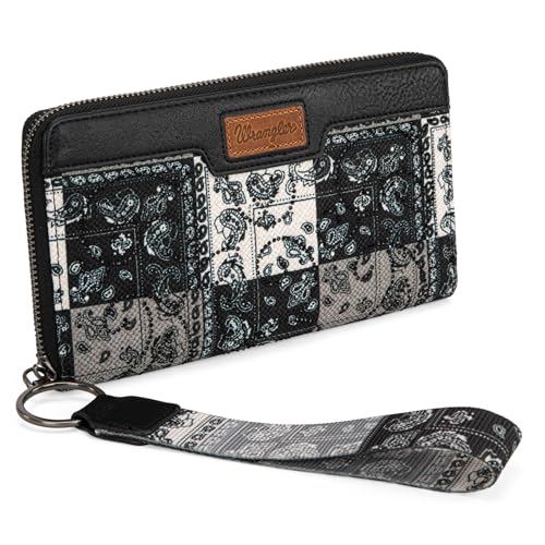 Montana West × Wrangler Wristlet Wallets for Women, Large Bifold Wallet, Boho Western Cash Wallets, Black