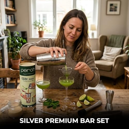 Image of O' Holic by Perch Elite Bartender Kit 6 Piece Cocktail Shaker Set, Stainless Steel Mixology Bar Tool Set with Jigger, Strainer, Muddler, Bar Spoon & Ice Tongs, Home Bar Accessories Gift Set |Silver