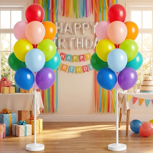 Image of Balloon Column Stand Kit,2 Sets of Assorted Rainbow Balloon Tower Pillar with 10inch Bright Color baloon Reusable Design for Grirls Party,Birthday, Wedding,Baby Shower (13-Colorful)