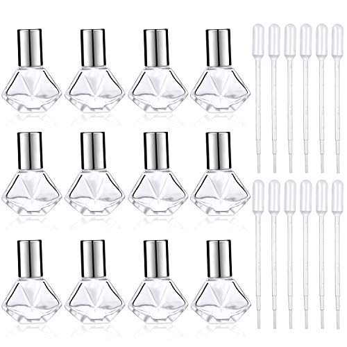 12 Pieces 8 ml (0.27 oz) Clear Roller Bottles DIY Essential Oil Roller Bottle Glass Cosmetic Containers and 12 Pieces Plastic Dropper for Essential Oils Perfumes Aromatherapy (Silvery)