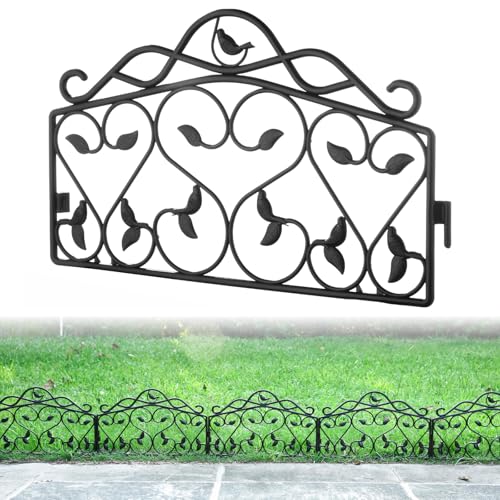 Evelyne Decorative Garden Border Plastic Edging – PP Plastic, Short Metal-Free Faux Wrought Iron Leaf & Bird Design, 8pcs Yard Landscaping Fence Liner Lawn Edge Barrier, 10ft Kit of Decorative Panels