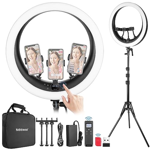 NEEWER 19 inch 2.4G Ring Light with Stand, 3 Phone Holders, 2.4G USB Transmitter for Mac/PC Remote Control, Touch Panel, Smooth Dimming at 1%, 3200K-5600K for Selfie TikTok Live Streaming Zoom, RP19H