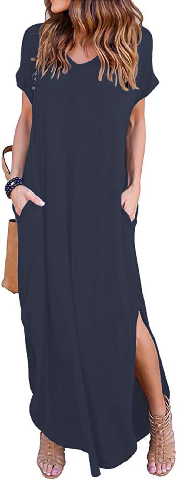 HUSKARY Women's Summer Maxi Dress Casual Loose Pockets Long Dress Short Sleeve Split Maxi Dresses