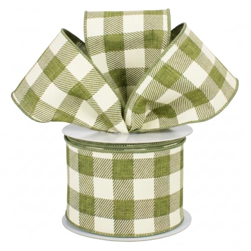 Image of Moss Green Plaid Wired Ribbon - 2 1 /2 inch x 10 Yards, Green Natural Tartan, Spring, Fall Decor, Autumn, Christmas, Wreath, Gingham, Gift Decor, Bow Decoration, Mardi Gras, St. Patrick's Day, Easter