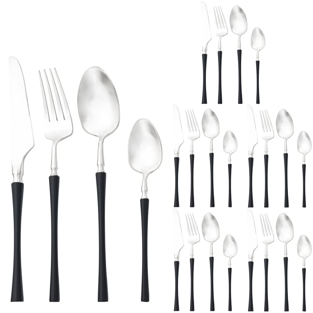 24-teiliges Besteck-Set – Service for 6 Edelstahl-Messer, Gabeln, Löffel, Besteck-Set, mattes Design, elegante Utensilien-Geschirr-Sets for Essen, Servieren for Küche und Hotel, glatte Kanten, Schwarz