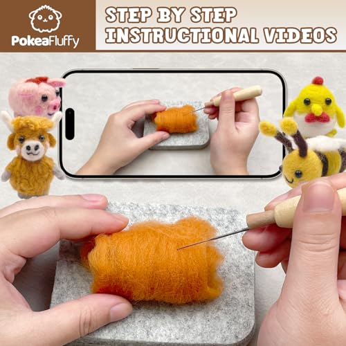 Image of PokeaFluffy Needle Felting Kit, 6 Pcs Animals Needle Felting Starter Kit for Beginner Adult, Wool Felt Set with Instruction, Wool Roving, Foam Mat, DIY Home Decoration Holiday Craft Gift Idea