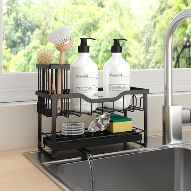 2-Tier Sponge Holder for Kitchen Sink, Caddy Organizer with High Brush Holder, Durable & Rustproof Kitchen Sink Accessories (Black)