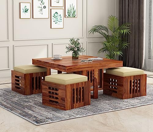 Image of Craft D Arts Sheesham Wood Coffee Table with 4 Stools - Small Brown Wooden Center Table for Living Room (Provincial Teak)