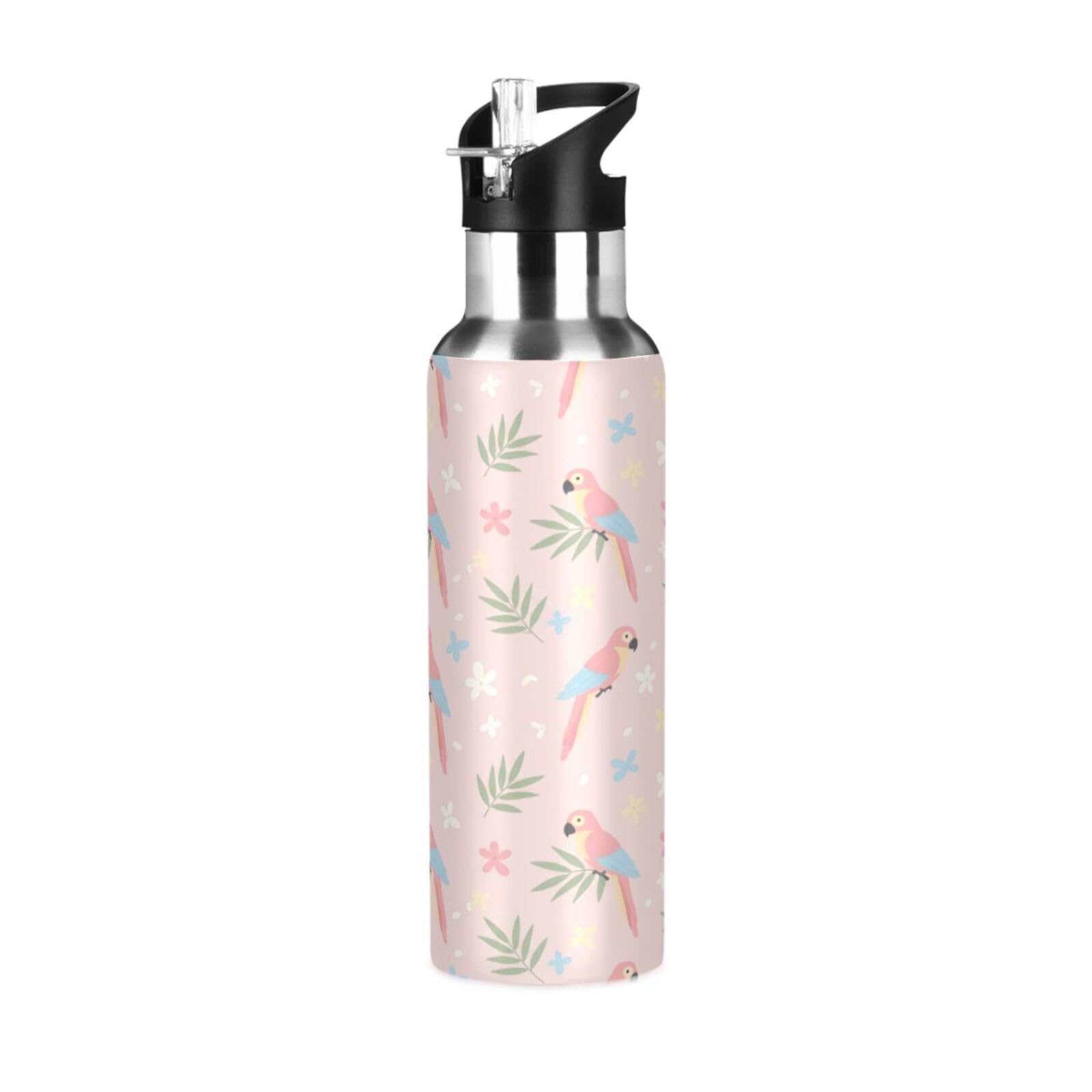 BOESI Parrot Floral Pattern Insulated Water Bottle 600ml, Stainless Steel Vacuum Sports Bottle with Straw, Leak Proof Thermal Bottle for Gym Travel Outdoor