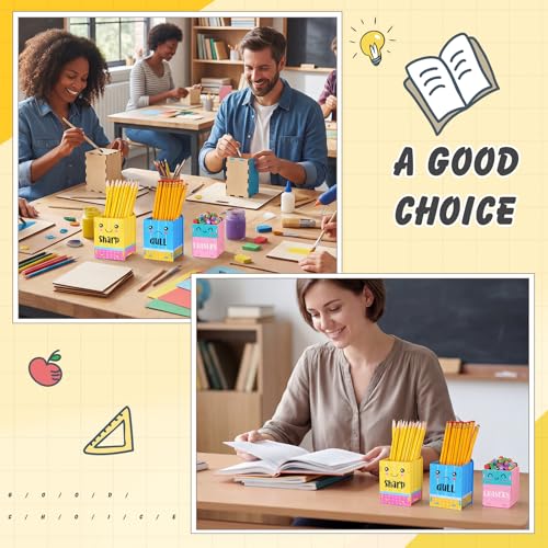 Image of DoubleFill 6 Pcs Sharp Dull Pencil Holder,Yellow Blue Face | Wooden Pencil Shaped Dispenser, Eraser Storage Organizer, For Classroom Management and Teacher Back to School Supplies