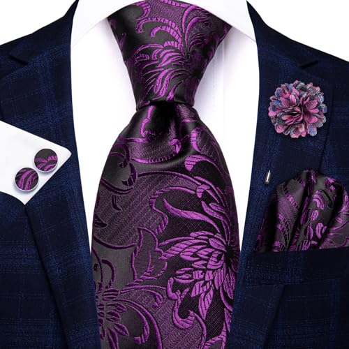 Image of Hi-Tie 5Pcs Mens Solid Color Silk Tie Satin Pretied Bowtie Lapel Pin for Men Handkerchief Cufflink Wedding Gift Box