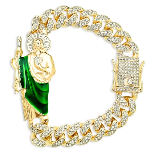 San Judas Tadeo Bracelet for Men, Christian Jewlery Catholic Gifts for Him, Cuban Link Chain with St Jude Medal for Husband Boyfriend Dad