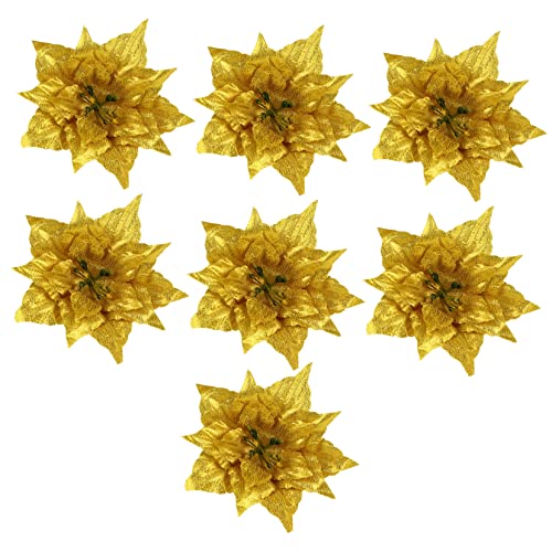 Hemobllo 7 Piezas Adorno De Flores Artificiales Decoración De Plantas Navideñas Floral Elegante Decorativo Largo Brillantina Falso Adornos Navideños De Panal Fiesta Educación Física Dorado