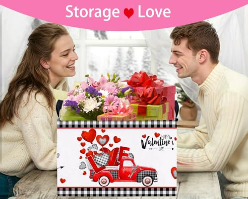 Image of Valentines Day Basket for Kids Heart Shaped Empty Storage Bins for Gifts with Handles Room Decor (Black Checkered Red Truck)